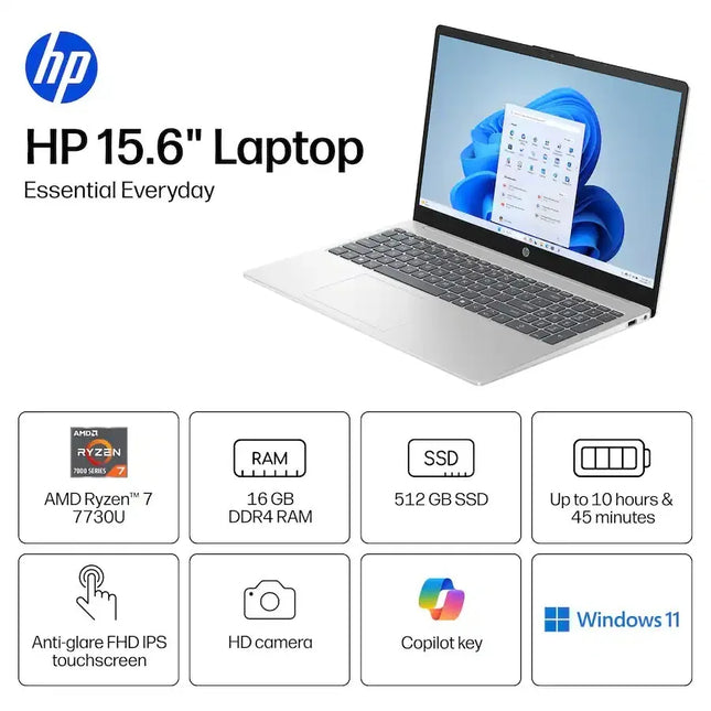 Hp 15.6" Full Hd Touchscreen Laptop, Amd Ryzen 7 7730U, up to 64Gb Ddr4 Ram, 2Tb Ssd, Wi-Fi 6, Windows - product image 2