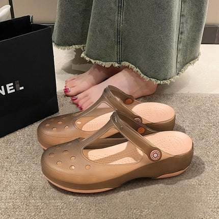 TPU Women's Hole Shoes Wrap Toe Thick Bottom Outdoor Slippers Non-Slip Breathable Beach Indoor Slippers