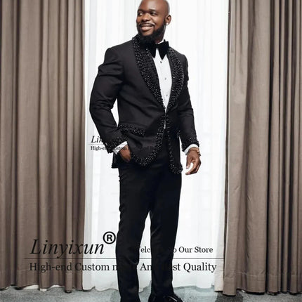 Luxury Beaded Crystals Men Suits Customized Groom Tuxedos 2 Pieces Sets Male Prom Blazers Slim Wedding Terno Masculino Completo