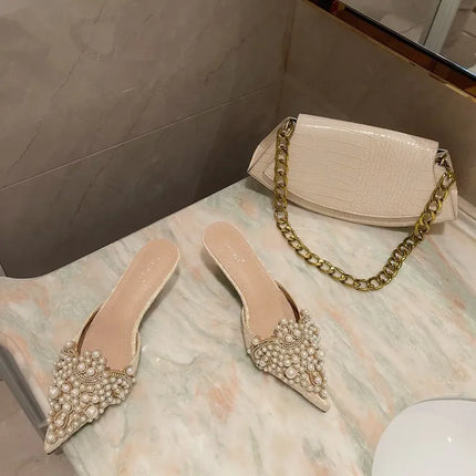 New Slippers Fashion Pointy Head Pearl Half Slippers Fine Heeled Sandals Women's Shoes 42 Yards Middle Heeled Mules Shoes