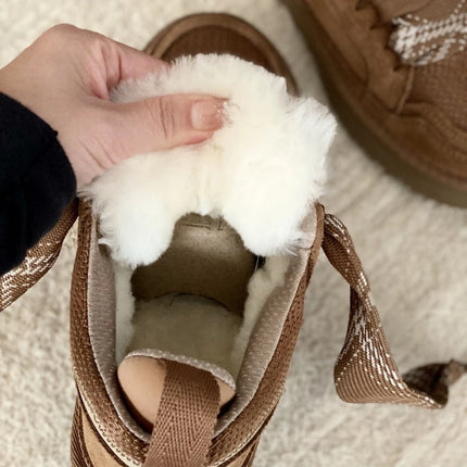 Women Natural Sheepskin Ultra Mini Snow Boots New Design Classic Sheep Fur Wool Lace up Ankle Boot Leather Winter Warm Men Shoes
