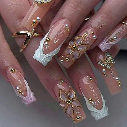 24Pcs Sweet Medium Square False Nails with Glue Blush Pink Flowers Fake Nails Full Cover French Acrylic Press on Nails for Girls