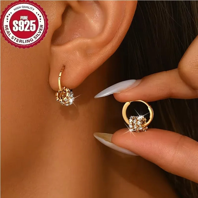 925 Sterling Silver Gold Plated Huggie Hoop Earrings Dainty CZ Cluster Hypoallergenic Elegant Jewelry - product image 5