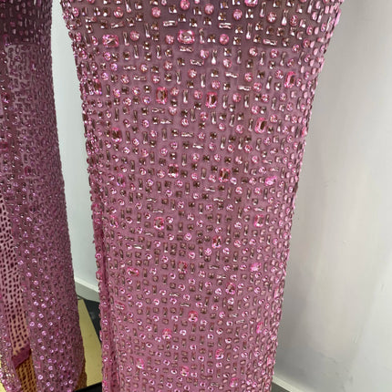 Women Luxury Pink Full Rhinestones Split Maxi Long Dress Birthday Evening Party Nightclub Stage Costomes Celebrity Prom Gowns