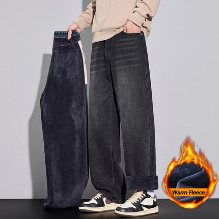 Fleece Jeans Winter Wide Leg Men's Warm Plush Velvet Denim Pants Fashion Korean Straight Streetwear Loose Thick Thermal Trousers