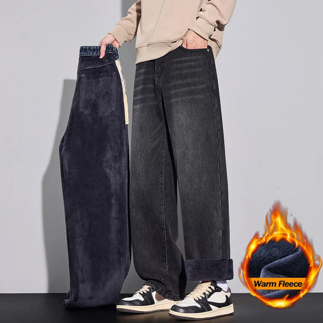 Fleece Jeans Winter Wide Leg Men's Warm Plush Velvet Denim Pants Fashion Korean Straight Streetwear Loose Thick Thermal Trousers