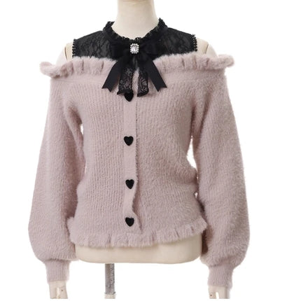 Autumn and Winter Furry Off-shoulder Long-sleeved Sweater Japanese Sweet Cute Girl Bow Versatile Outer Wear Knitted Pullover