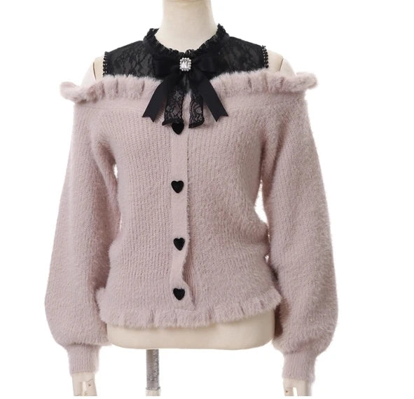 Herbst und Winter Flauschiger schulterfreier Langarmpullover Japanischer süßer, niedlicher Mädchen-Schleifen-vielseitiger Oberbekleidungs-Strickpullover