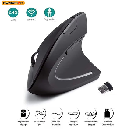 HOMEFISH Vertical Mouse Ergonomic 2.4GHz Wireless Optical Mice 3 Adjustable DPI 800/1200/1600 6 Buttons for Laptop - product