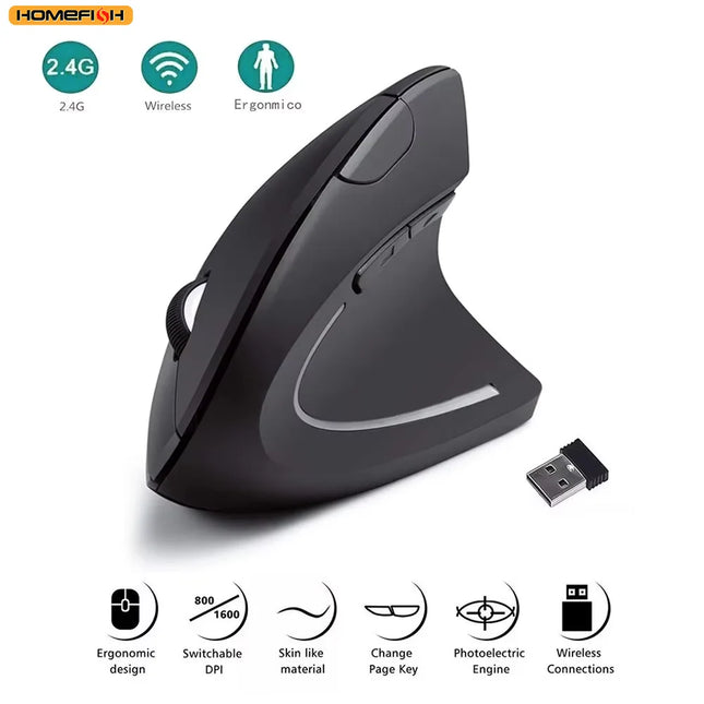 HOMEFISH Vertical Mouse Ergonomic 2.4GHz Wireless Optical Mice 3 Adjustable DPI 800/1200/1600 6 Buttons for Laptop - product