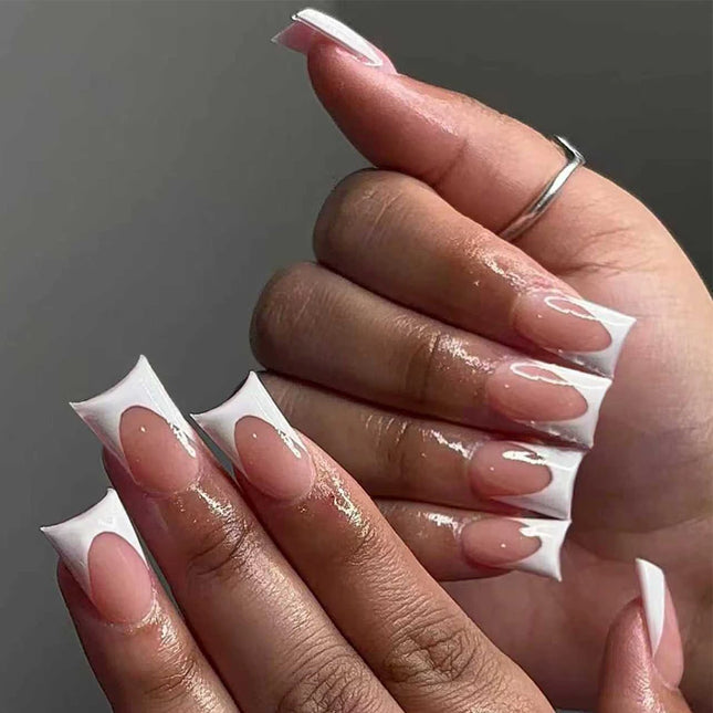 144 Uds. de uñas de pato, elegantes, simples y clásicas, francesas blancas, uñas acrílicas a presión desmontables y reutilizables que incluyen 1 lima de uñas y