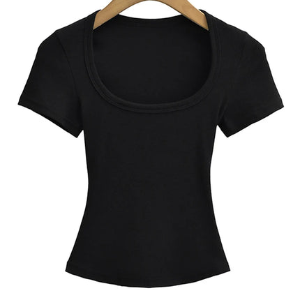 Square Collar High Stretch Summer Crop Tops Women Short Sleeve Tops Sexy Pullover Bottoming Blouses Slim T-shirt