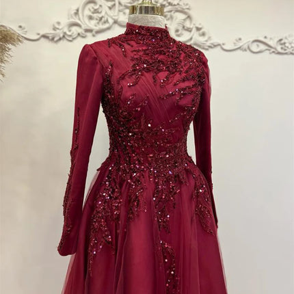 Amanda Elegant High Neck Prom Dress Sequins A-line Evening Dress Beading Embroid Party Dress Customized فساتين مناسبة رسمية