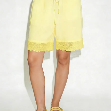 Lace Trim Bermuda Shorts for Women Casual Loose Drawstring Low Rise Wide Leg Knee Length Pajama Lounge Shorts