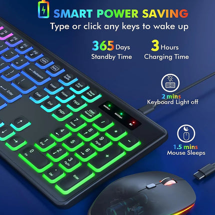 JOMAA 2.4G Wireless Keyboard Mouse Combo RGB Backlit Rechargeable Full-Size Ergonomic Type-c Wireless Keyboard - product imag