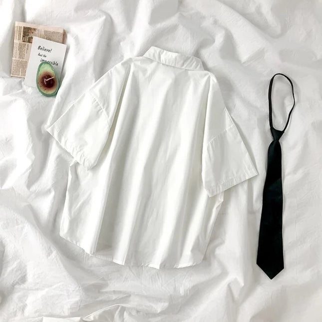 White Shirts Women Fashion Black Tie Japan Style Preppy Students JK Girls Blouse Simple Solid Loose - product image 2