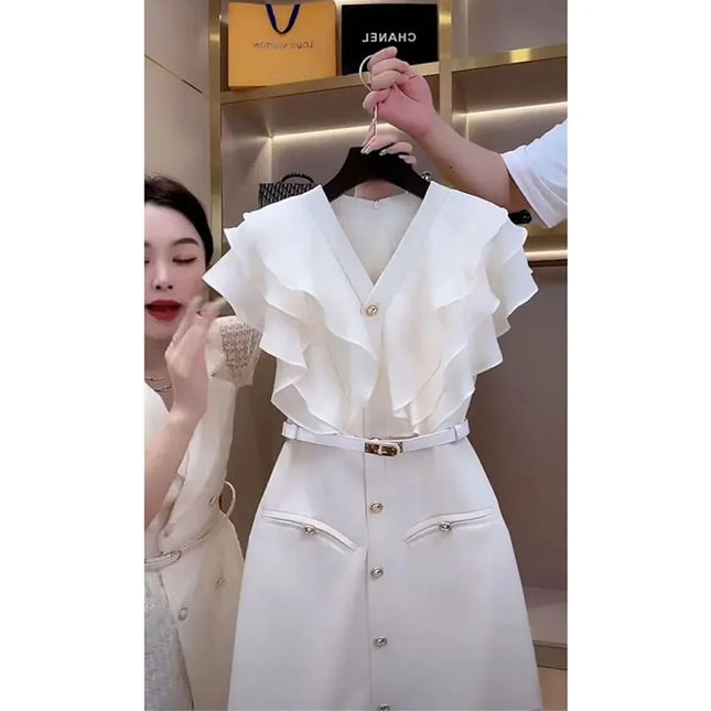 Schönes Temperament Weißes Rüschen-Essig-Kleid Damen Sommerkleid Koreanische Damen erhalten großes Lob passender Gürtel 2026 Neu