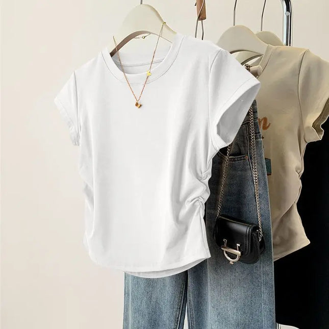 Damen Sommer Kurzarm-Oberteil für Mode Vielseitiges Basic-Shirt Schmal geschnittenes Rundhals-T-Shirt Lässig und sexy Atmungsaktiv und kühl