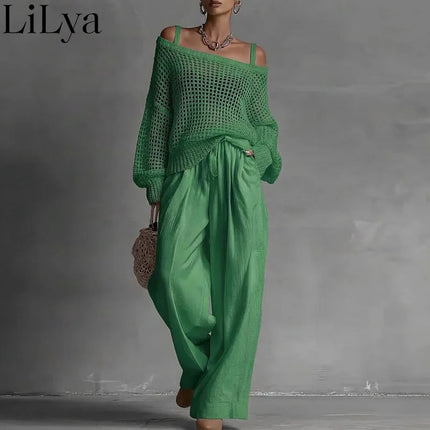 Off Shoulder Hollow Knit Womens Pants Set Long Sleeve Wide Leg Pants Outfit Casual Loose Summer Beach Vacation Pants Set Woman