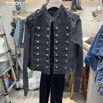 Denim Jacket Women Boxy Coat Y2K Retro Hussars Jacket Stand Collar Double Breasted Button Cropped Jacket Napoleon Old Money Men