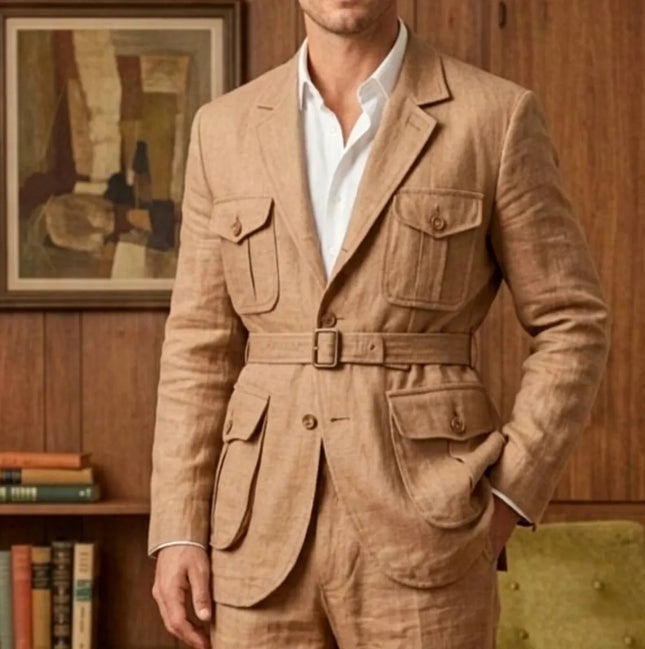 Vintage 2-teiliger Leinenanzug Britischer Safari-Stil Herren mit Gürtel, Taillie, Multi-Pattentaschen, Jacke Hose, atmungsaktiv, Sommer, maßgeschneidert