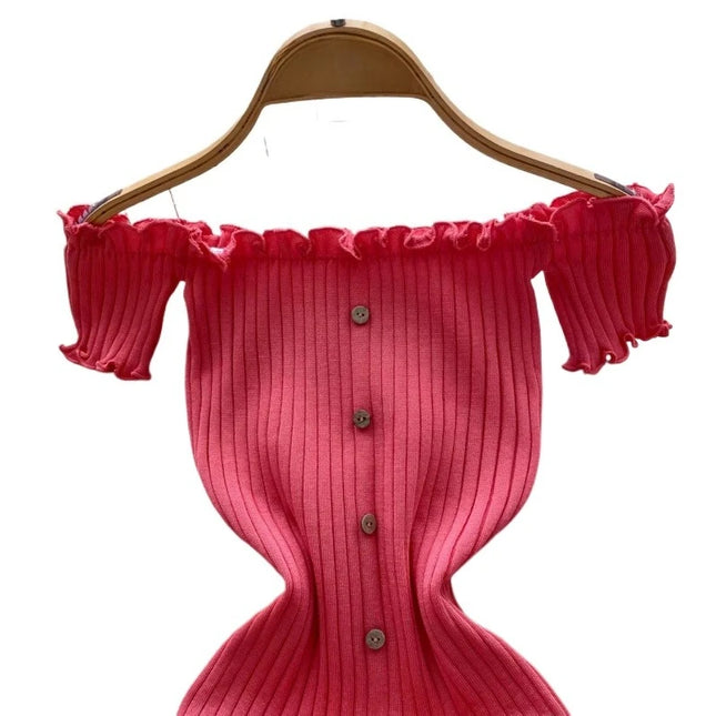 Women's Pink Off Shoulder Sundress Short Sleeve Ruffle Trim Button Stretchy Knit Bodycon Mini Dress - product image 2