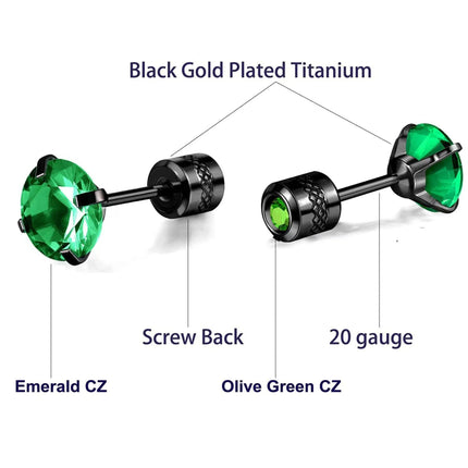 1 Pair Simple Fashion Green Cubic Zirconia Titanium Stainless Steel Cartilage Spiral Stud Earrings for Men Women Daily Jewelry
