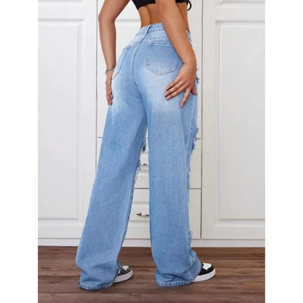 Womens Pants Womens Jeans Trendy Light Blue Distressed Baggy Relaxed Fit Wide Leg Denim