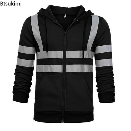 New Men's Reflective Strip Hoodie Jackets Spring Autumn Zipper Long Sleeve Fleece Sweatshirts High Visibility Night Work Jackets