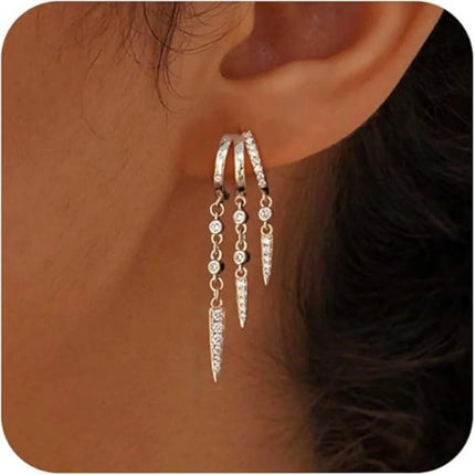 14k Gold Plated Triple Huggie Stud Earrings for Women Sparkling CZ Chain Tassel Hypoallergenic Dangle Earrings Jewelry Gifts