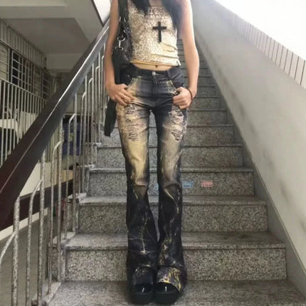 ONE TO WAN Women's Gothic Y2k Flared Jeans Harajuku Trashy Ripped Denim Trousers Streetwear Baggy Jean Pants Vintage Emo Clothes