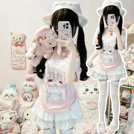 Y2k Women Clothing Cute Cartoon Summer Short Sleeve Tops Loose Anime Print Subculture T Shirts Haraiuku New Kawaii Sweet Tees