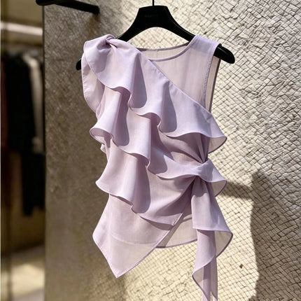 2026 New Summer Fashionable Patchwork Solid Color O-neck Sleeveless Blouse Ladies Office Lady Simplicity Ruffles Pullover Tops