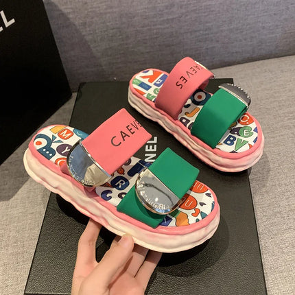 Summer New Platform Soled Ladies Shoes Cross Slippers Women's Wear Graffiti Beach Sandals Metal Buckle Woman Slippers