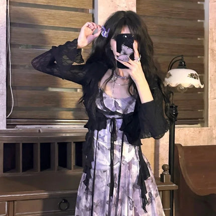 Dress Outfits 2 Piece Sets Women Clothing Lace Crop Shirts Vintage Butterfly Print Gauze Irregular Dresses Suit Chic Summer Set