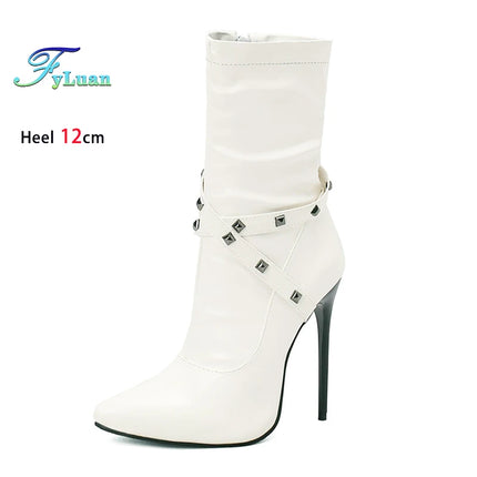 12CM Ultra High Heel Pointed Toe Stiletto Boots Women Ankle Boots Fashion Rivet Band T Show Short Booties Winter Female Shoes