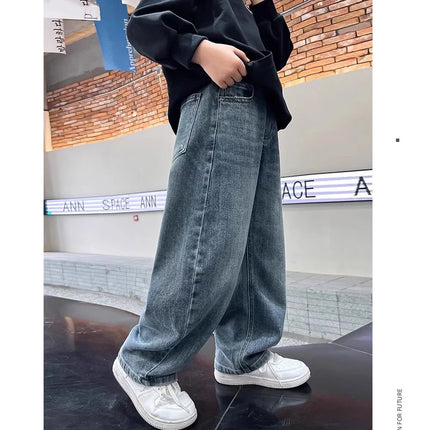5-14Y Boys Jeans Pants Spring Kids Wide Leg Straight Trousers Autumn Loose-Fit Casual Trousers Children's Trendy Sweatpants
