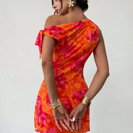 Women'S Spring Summer Floral Print Vacation Casual Off-Shoulder Slouchy Strappy Sleeveless Short Skirt Dress