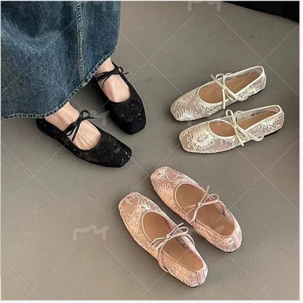 Fashionable Best Selling New Comfortable Large Size Women's Shoes Spring/ Summer Elegant Square Toe Sexy Mesh Ballet Flat Shoes
