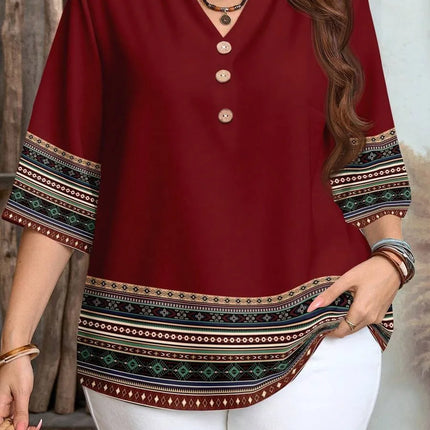 Plus size women's spring/summer/autumn new retro pattern front button leisure short sleeve shirt essential summer outfit
