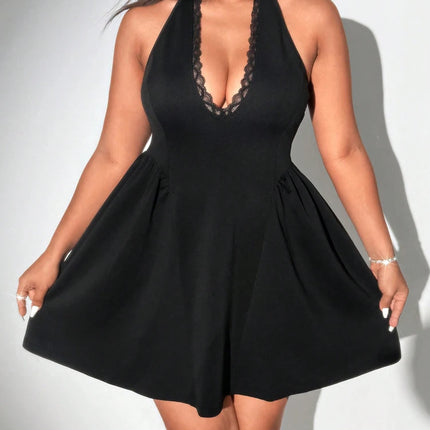 Plus Size Women Halter Black Mini Dress Lace Deep V Neck Sleeveless A Line Flare Club Party Short Dress