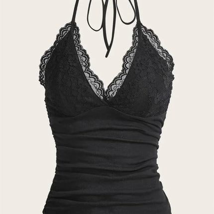 Lace V-neck Halter Top Women Summer Sexy Grunge Punk Goth Backless Ruched Crop Top Cami Top Streetwear Y2K Clothes 2024