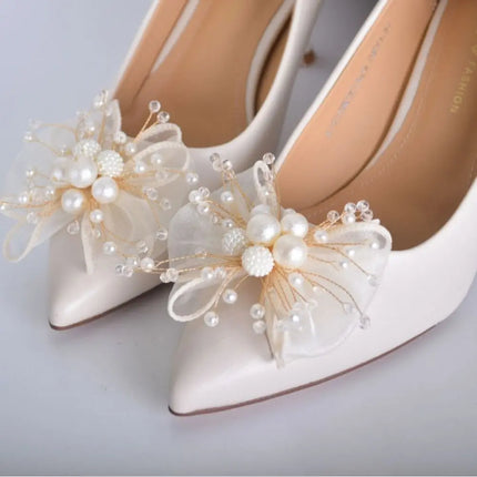 2PC Double Layered Bow Pearl Shoe Clip French style Removable Shoe Charms Buckle Elegant Bride Shoes Decoration High Heel