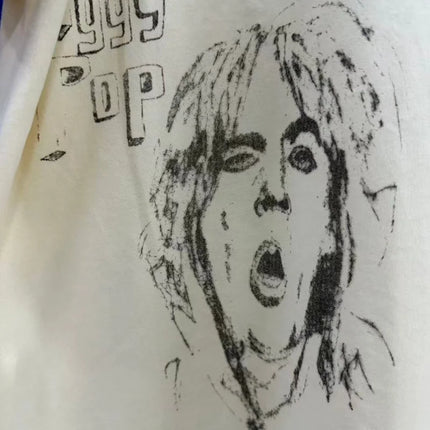 Vintage Cream Washed Ringer Neck Men T-Shirt PALY Distressed Retro City Sketch & Portrait Print Tee
