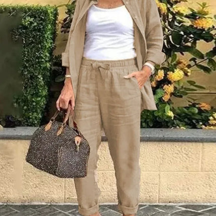 Spring Autumn New Cotton Linen Roll Up Sleeved Shirt Women's Suit Fashion Pocket Elastic Waist Female Office Pants 2 Piece Set