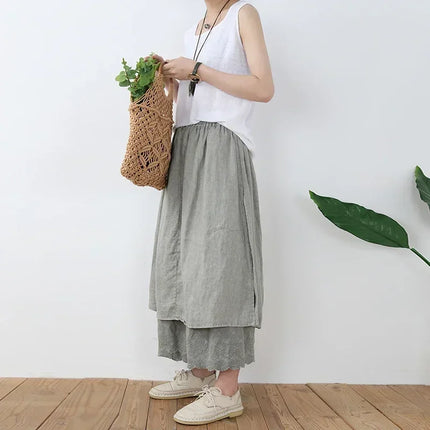 100% Cotton Linen Mori Girl Floral Embroidery Hem Wide Leg Pants Skirt Aesthetic Fairy Grunge Medieval Loose Distressed Trousers