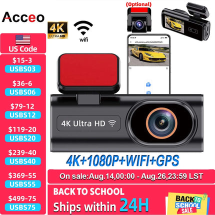 ACCEO Dash Cam WIFI GPS Mini CAR DVR Front 4K And Rear 1080P Dual Lens Black Box Room Camera Night Vision 24H Parking Monitor