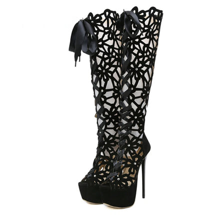 16CM Ultra Thin High Heels Sexy Nightclub Hollow Out Over The Knee Boots Women Peep Toe Lace-Up Zip Platform Shoes Sandals