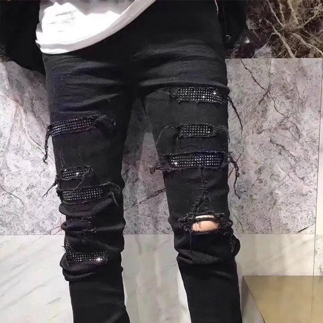Pantalones vaqueros coreanos de moda para hombre, negros, estilo rufián, atractivos, de marca de tendencia, con diamantes, rotos, estilo mendigo, ajustados, elásticos, informales, para primavera y otoño
