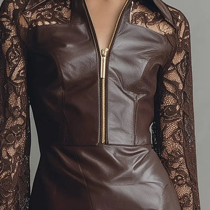 PU Leather Dresses for Women Elegant Brown Shirt Collar Half Zip Lace Long Sleeve PU Leather Mini Dress Vintage Slim Fit Dress